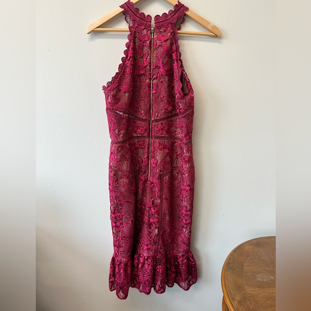 Marchesa Notte Red Lace Flounce Sheath Halter dress - Picture 7 of 7